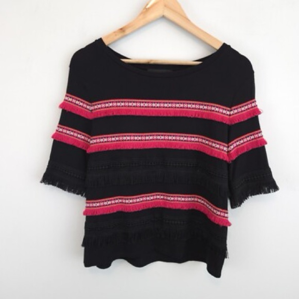 NWOT Women’s XL Grace Elements Black Top with Pink Fringe Accents - Picture 3 of 6